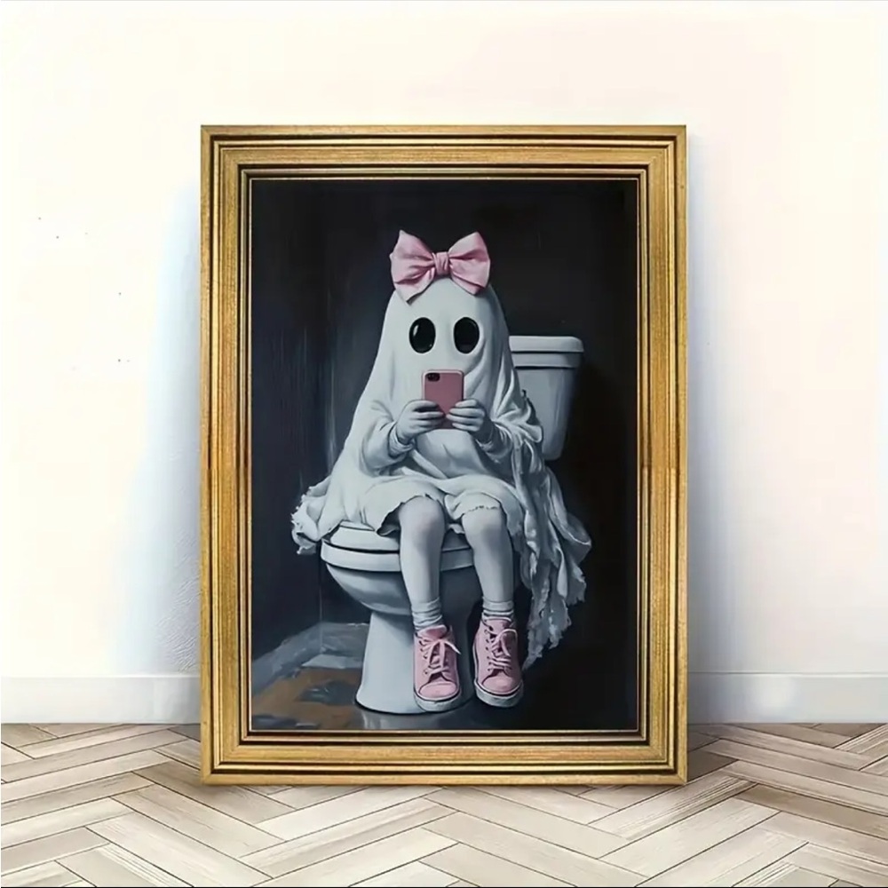 Ghost in Toilet Seat Poster 2D Unframed Halloween Wall Art with Pink Bow 👻